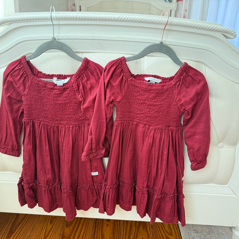 Ruffle Butts Woven Luxe Smocked Ruffle Dress Long Sleeve Maroon 2T Twins